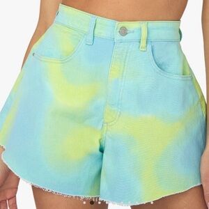 WeWoreWhat Tie Dye Green And Blue High Rise Raw Hem Flare Bell Shorts